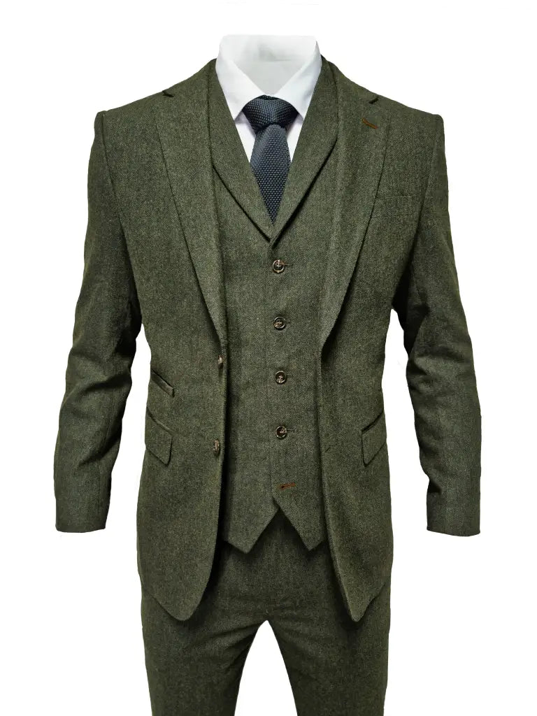 TAVERNY Chief - Heren pak Olive tweed - driedelig pak