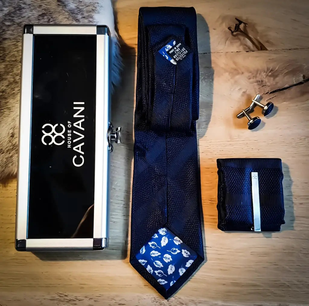 Cavani gentlemens set navy blue stropdas hankie clip