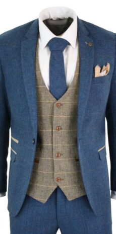 Three-piece suit Blue / Brown herribone